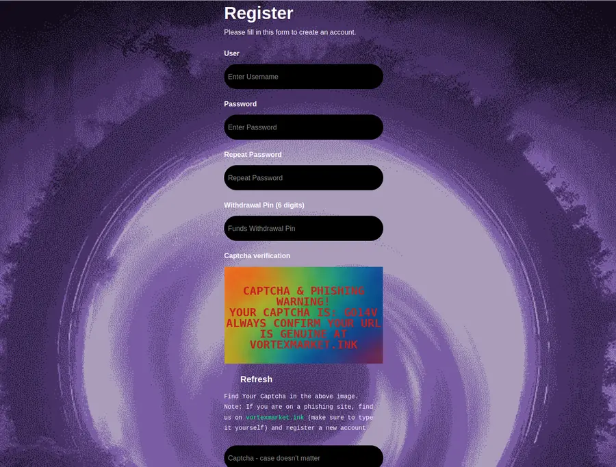 Vortex market login interface with PGP 2FA challenge