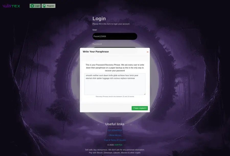 Monero wallet recovery phrase backup guide for Vortex Market users